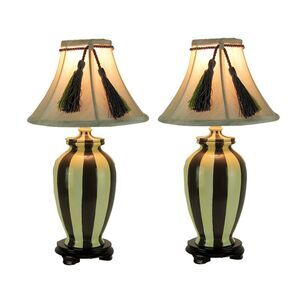 Vertical Striped Small Ceramic Table Lamp with Tassel Shade Set of 2